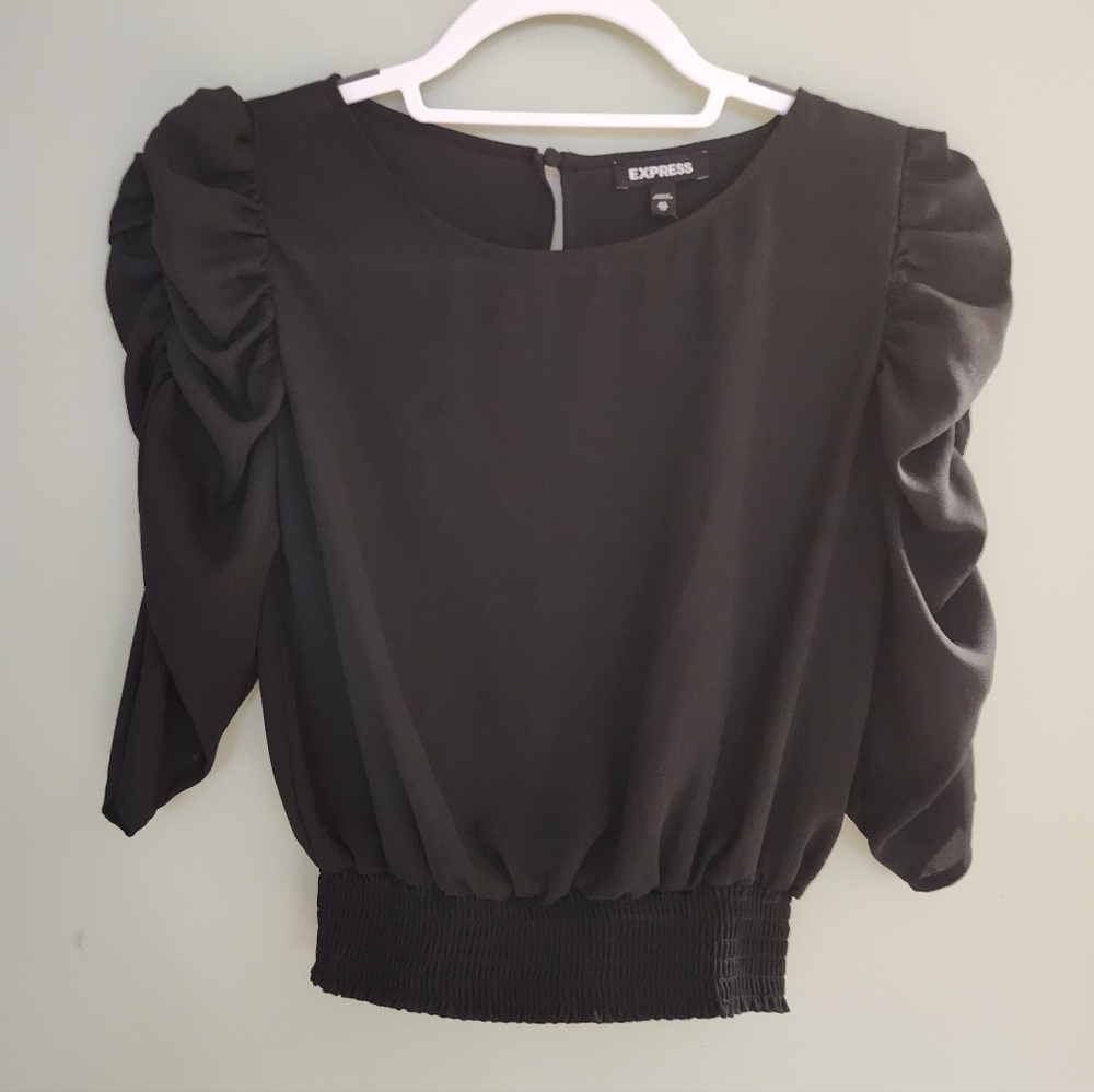 Express Elegant Black Ruched Sleeve Blouse
